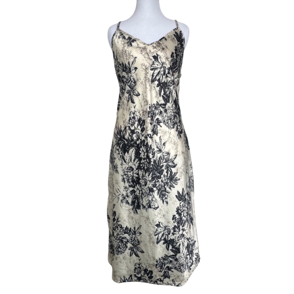 See You Monday Cream and Black Floral Satin Slip w/ Side Slits